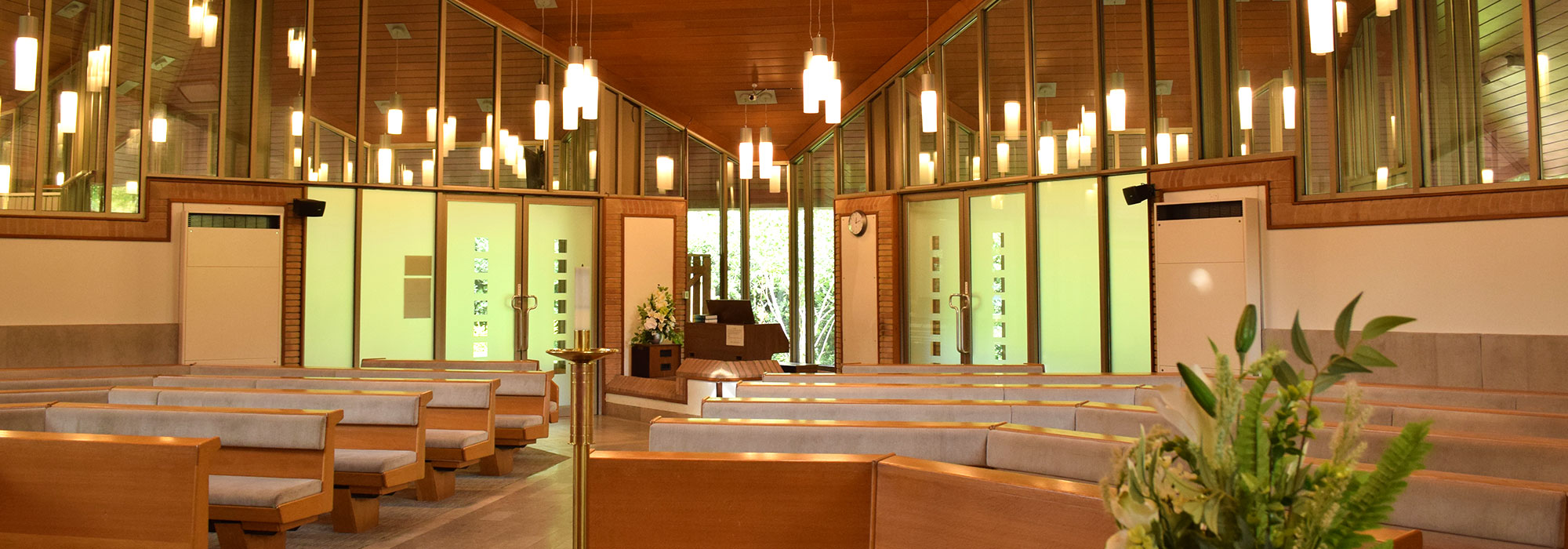 The wooden interior of St. Bede's Chapel