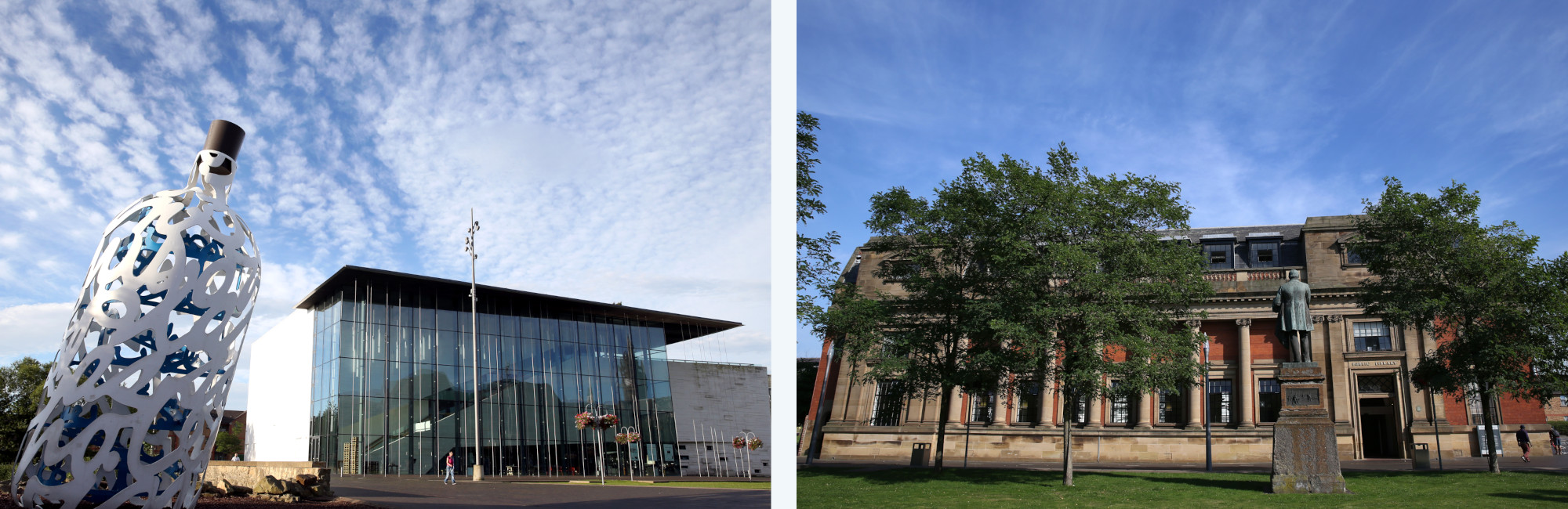 The Bottle of Notes, mima, and Central Library under blue skies