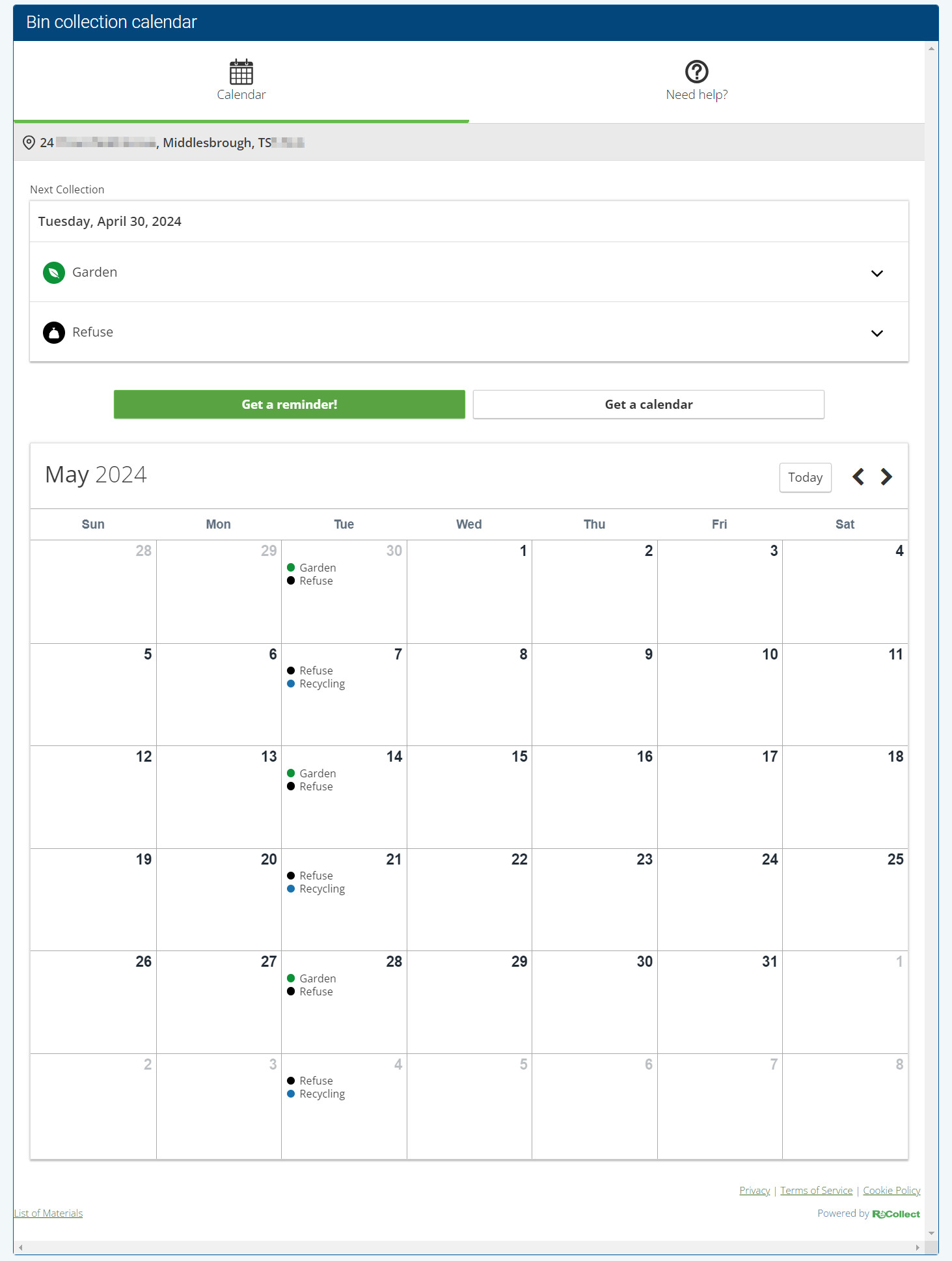 Screenshot showing the bin collection dates on MyMiddlesbrough