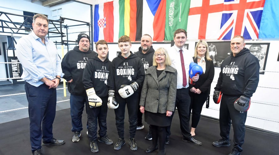 Mayor Chris Cooke and Cllr Janet Thompson with members of Hemlington Boxing Club