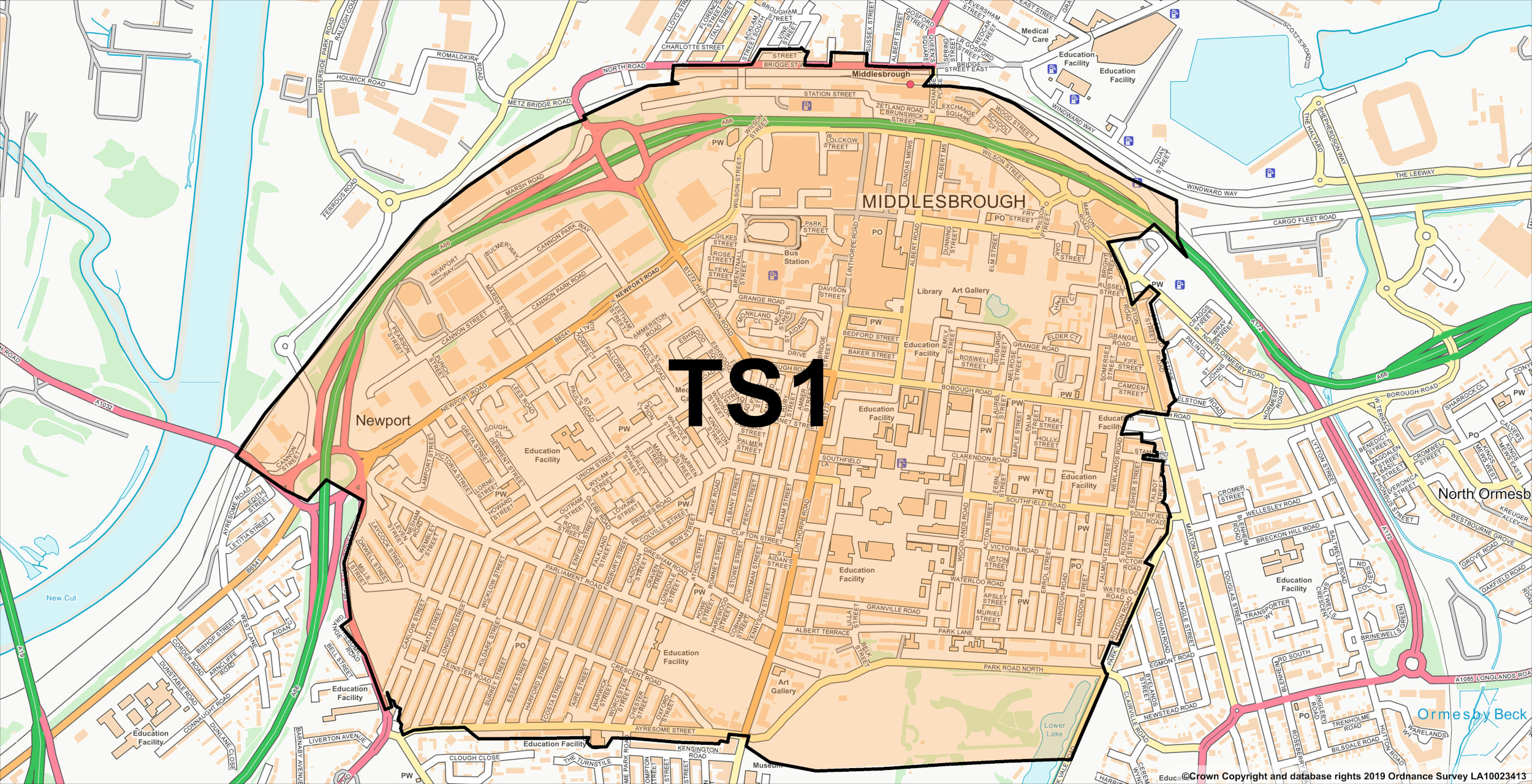 A map of the town centre streets covered by the TS1 PSPO