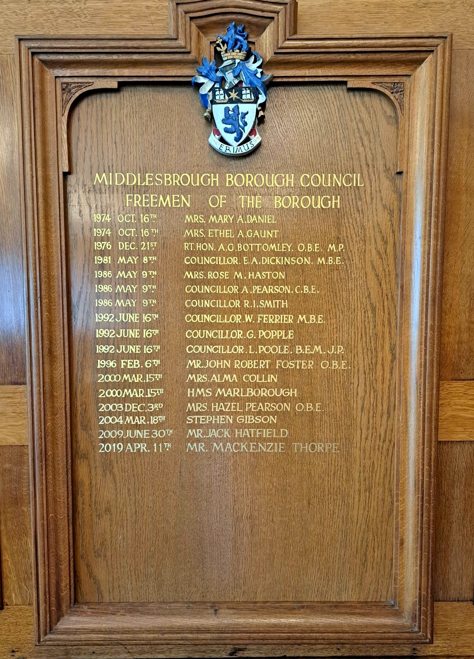 Plaque listing the names of people awarded Freeman of the Borough by Middlesbrough Council