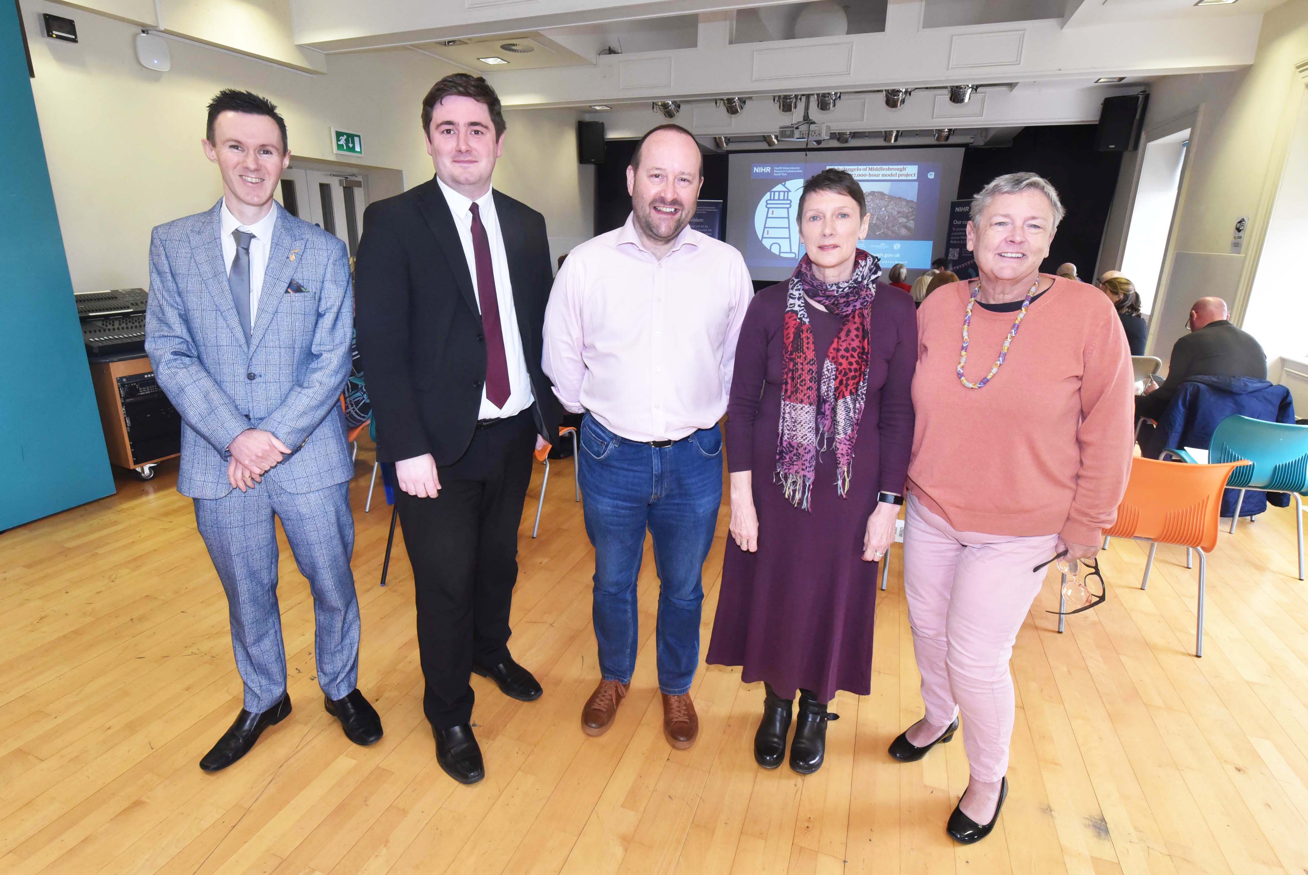 Scott Lloyd, Mayor Chris Cooke, Director of Public Health Mark Adams, Jan Lecouturier, Head of Knowledge and Innovation and Dorothy Newbury-Birch, Professor of Social Justice and Public Policy