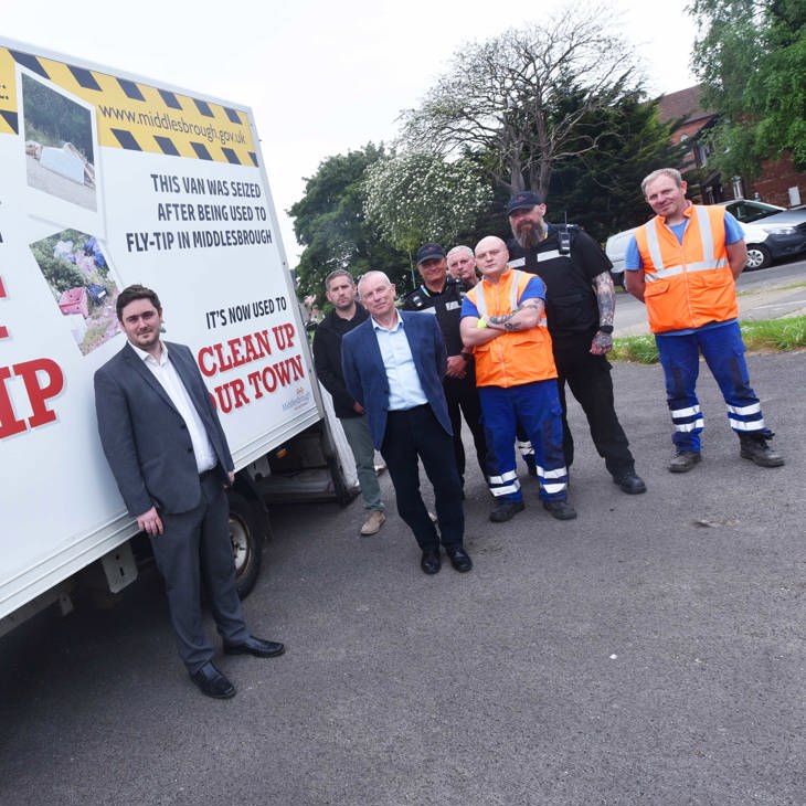 Mayor Chris Cooke, Exec Member for Environment Peter Gavigan and officers from the council's Flying Squad with the newly put to work van